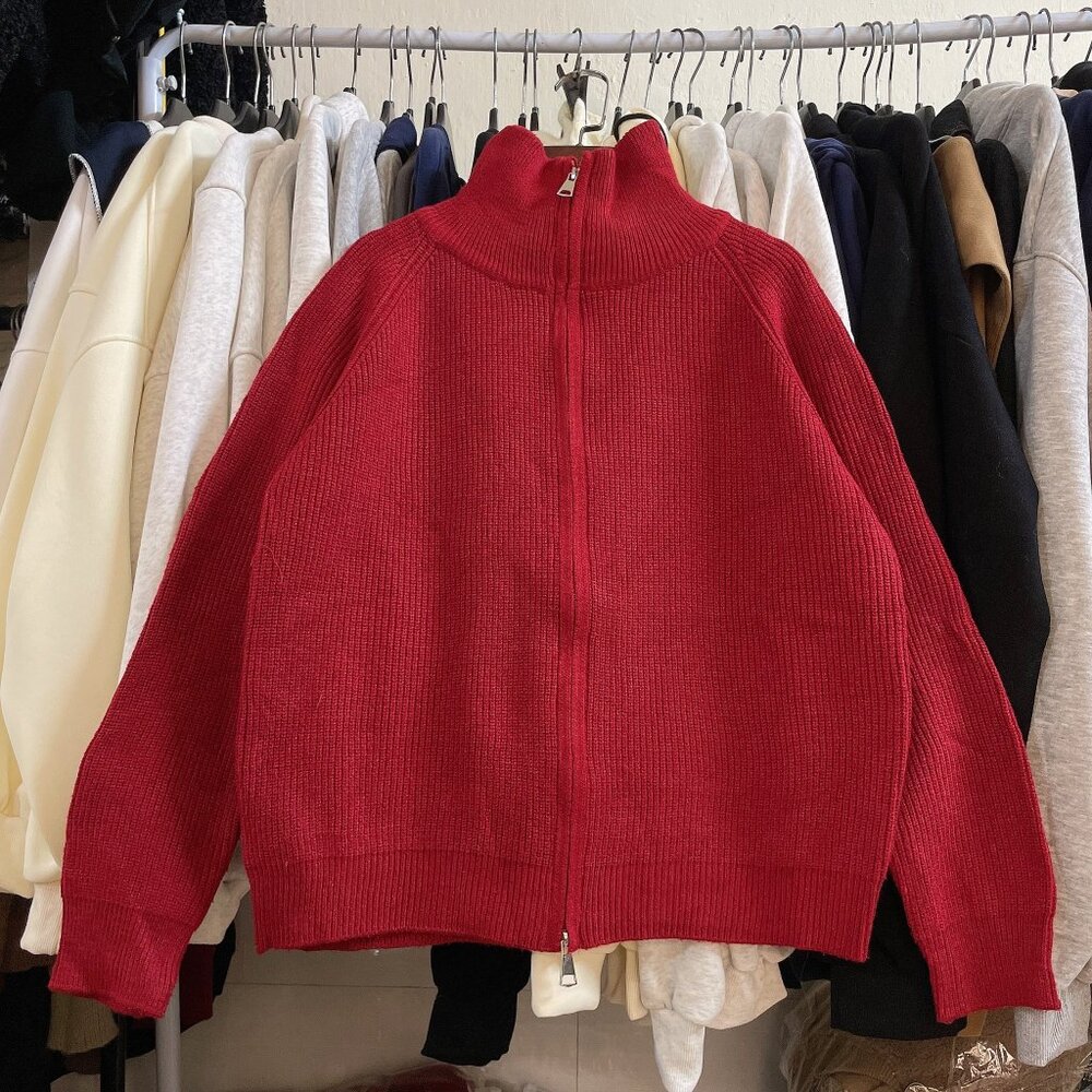 Red Ribbed Knit Half Zip Sweater Pullover